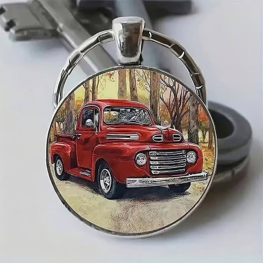Stainless Steel Red Vintage Truck Keyring Keychain Accessory
